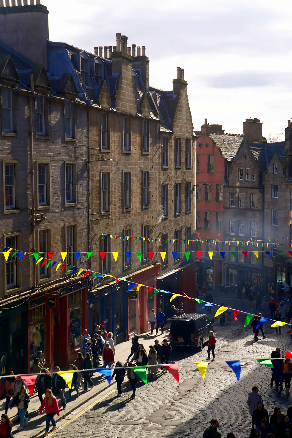 A view of Victoria Street connecting to the Grass Market from an upper balcony.