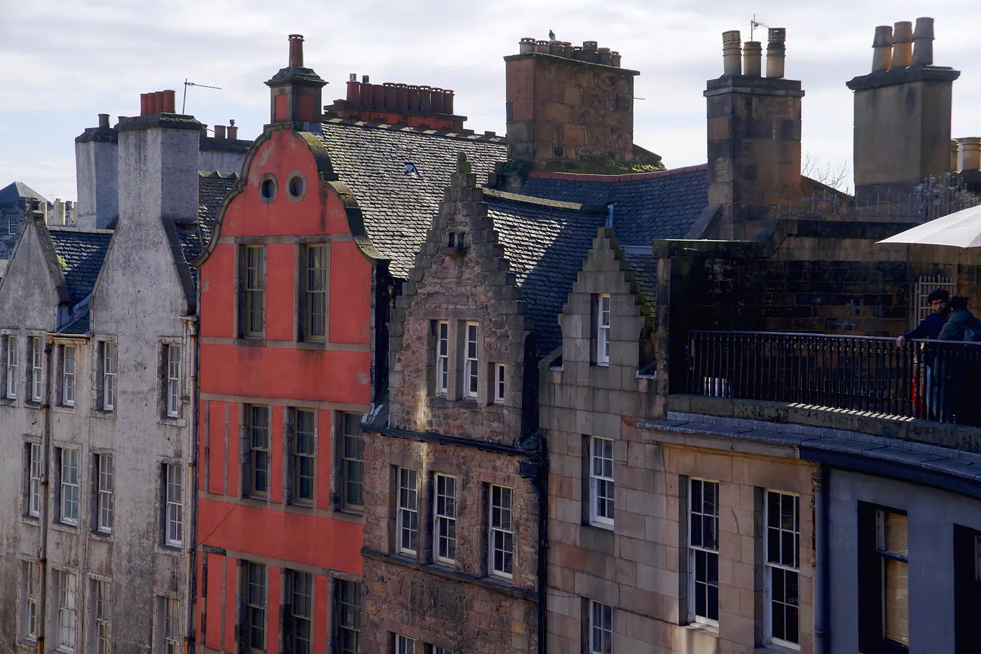 The tops of the Grass Market's old and aging buildings.