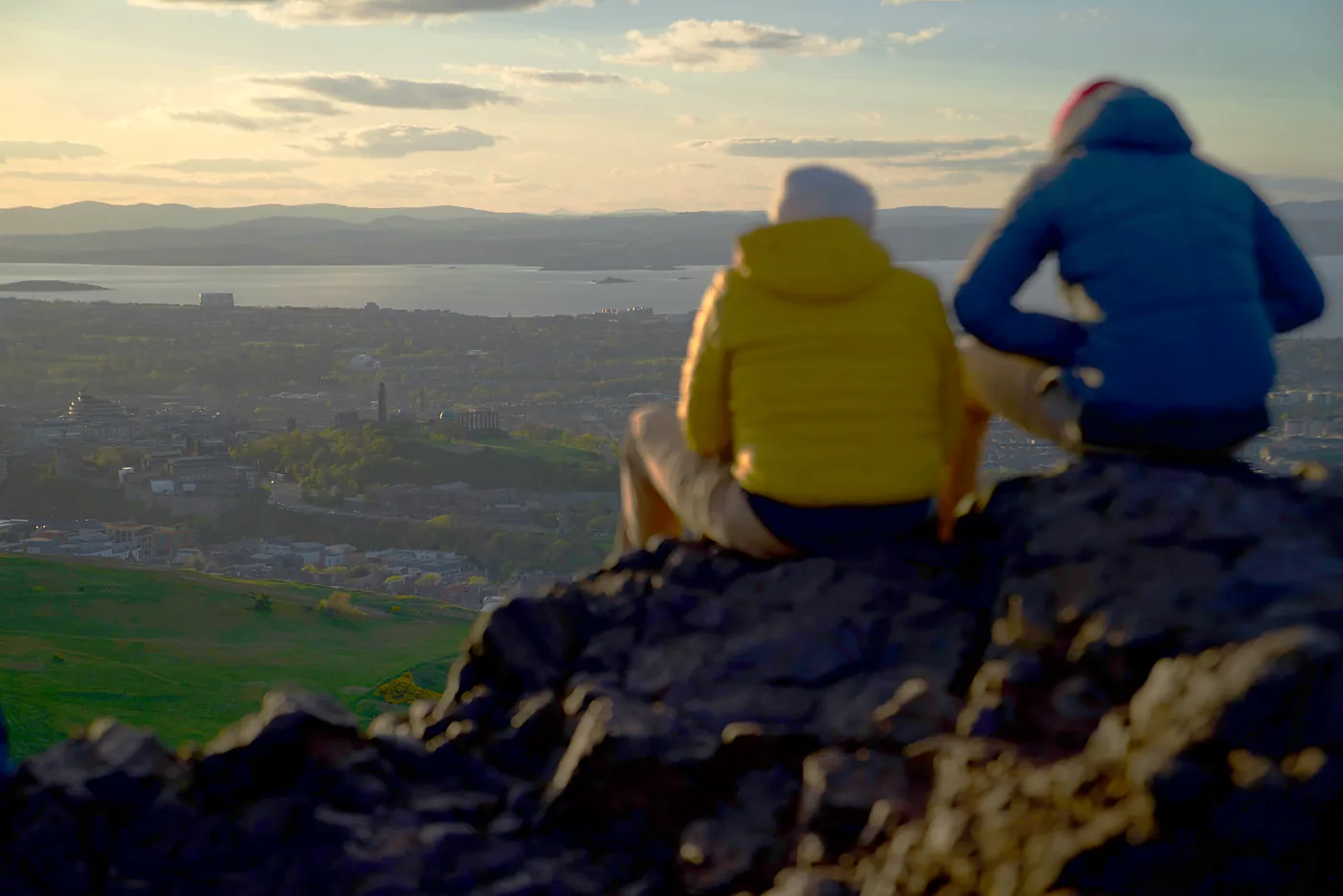 A couple looking across to Calton Hill.