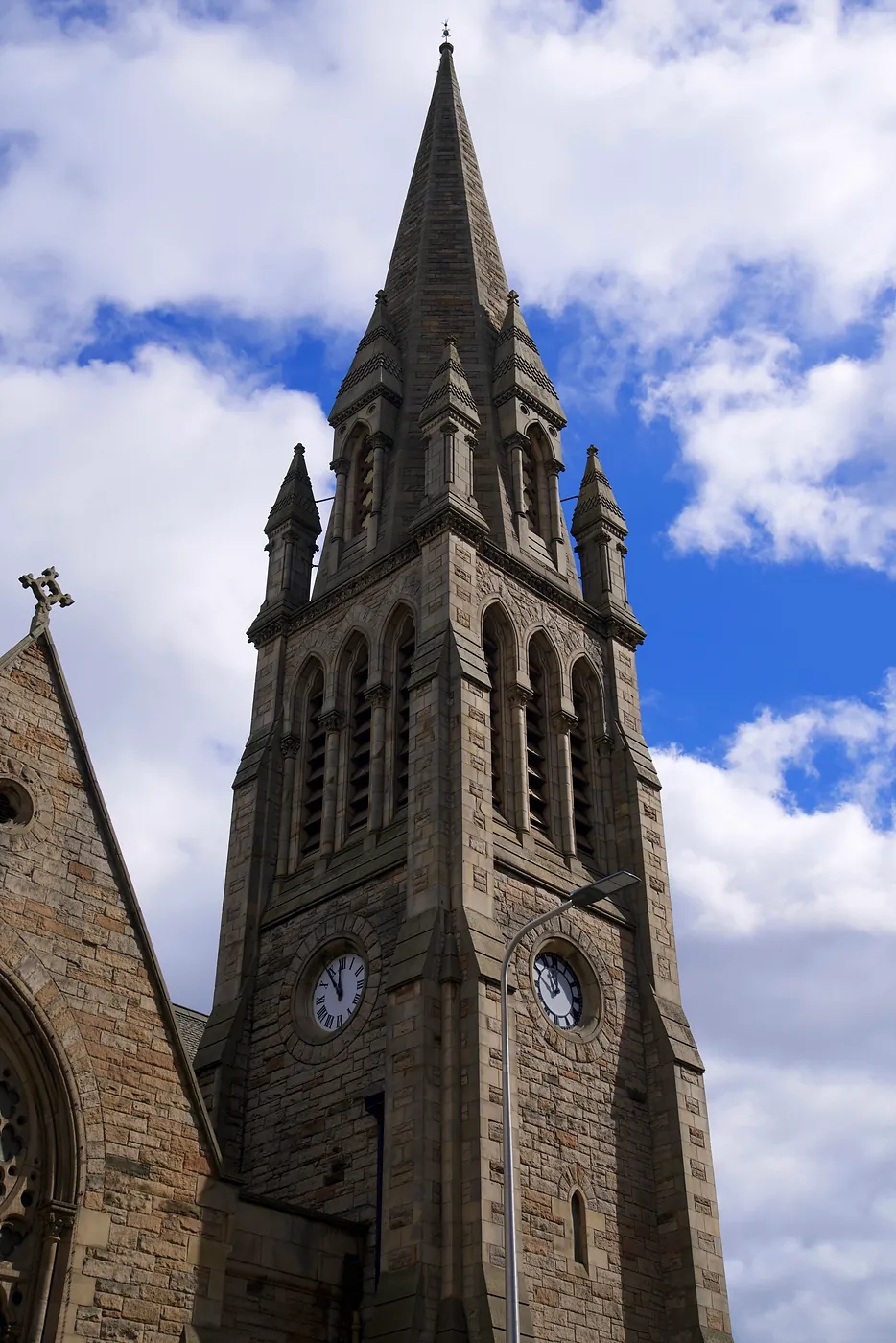 The tower of Saint Paul's Church at the intersection of Leith & Pilrig.