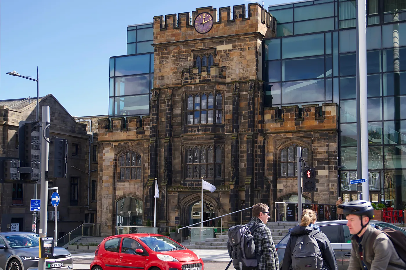The 160 year old façade of Lady Glenorchy's church at Picardy Place, now built into the Glasshouse Hotel. Architectural integration of older buildings into newer ones is a common sight in Edinburgh