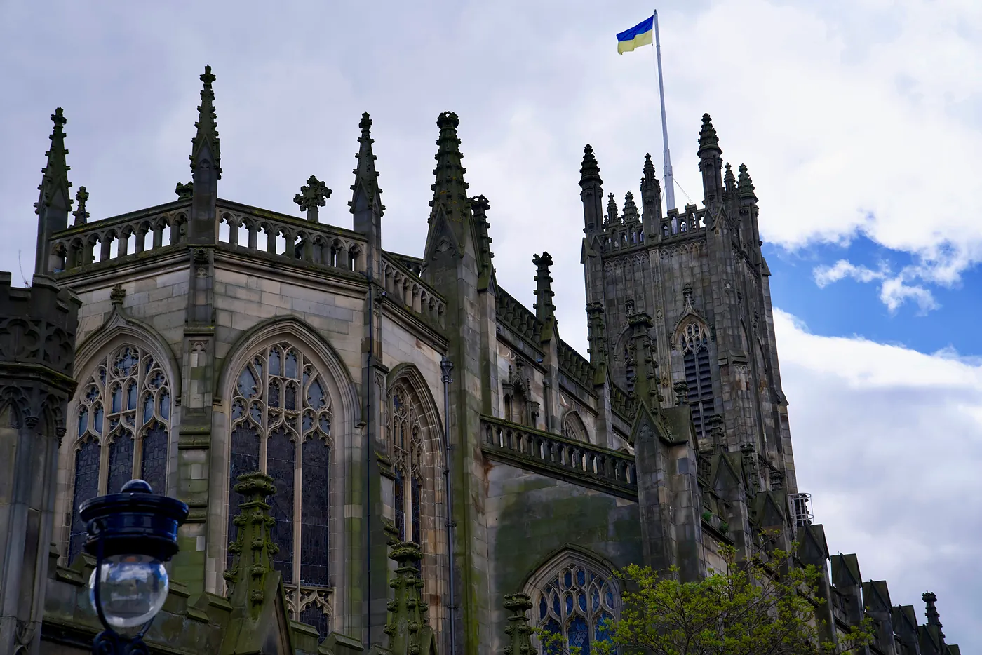The north side of Saint John's Church at the intersection of Prince's Street and Lothian Road.