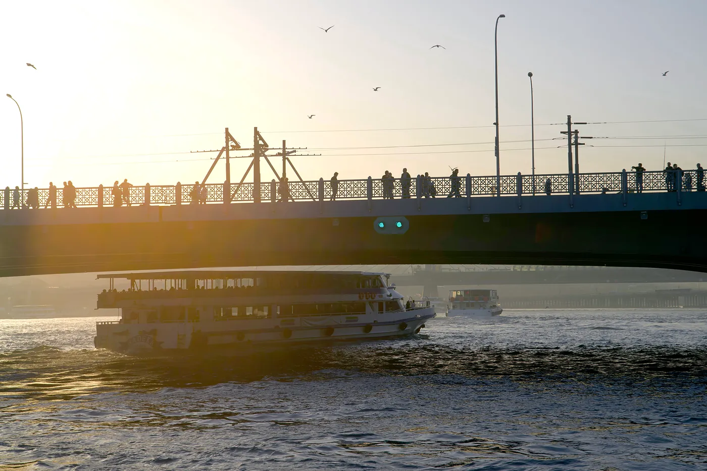 A shot of the Galata bridge from the intersection of the Bosphorus and the Golden Horn.