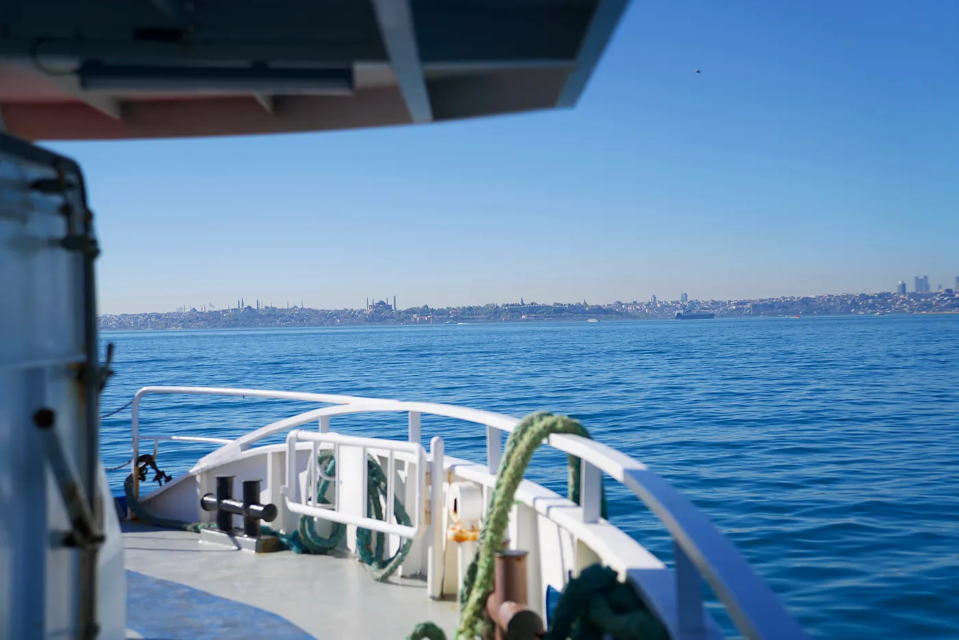 A wide view of the European side of the city from a ferry.