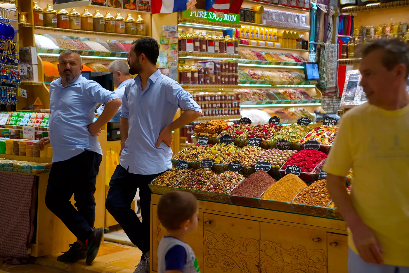 A stall in the Grand Bazaar selling spices, teas and other assorted goods.