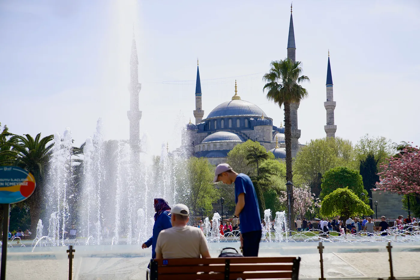 A view of the Blue Mosque from Fatih's fountain plaza.