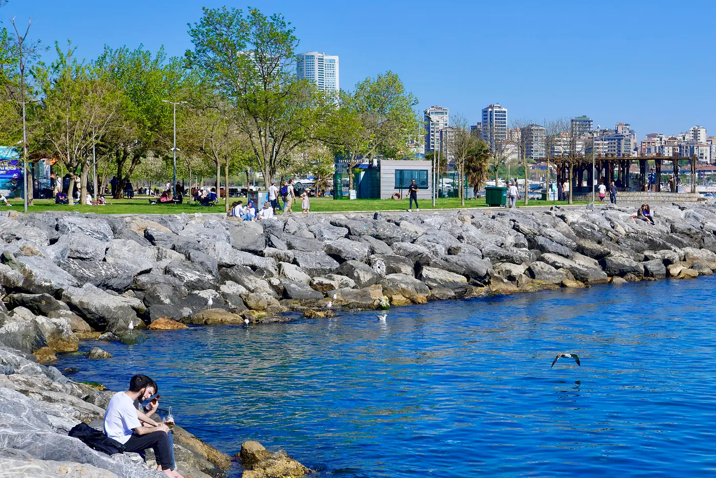 People enjoying a nice day by the water.