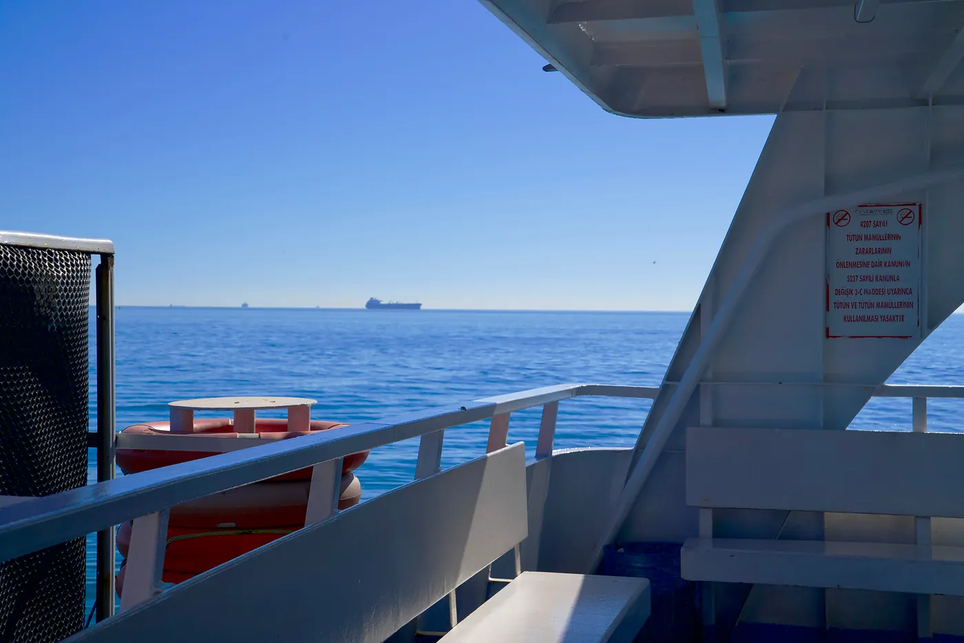 A view of the Sea of Marmara from the rear of a ferry's upper deck.